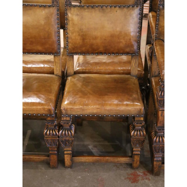 19th Century English Jacobean Oak Dining Chairs With Leather, Set of 8 For Sale - Image 4 of 12