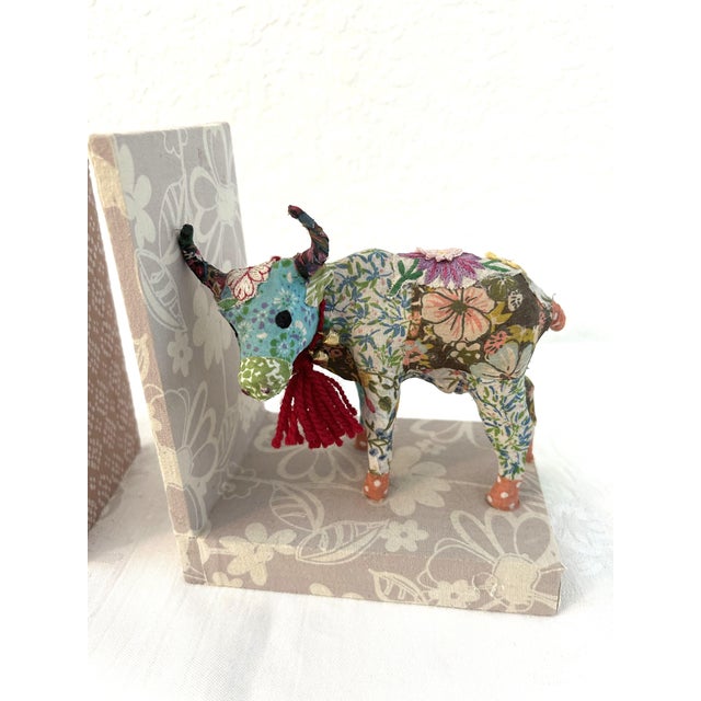 Patchwork Cloth Covered Elephant & Bovine Bookends, a Pair For Sale In West Palm - Image 6 of 7