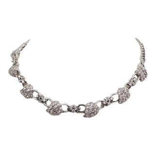 Vintage Pennino Rhodium Plated Pave Clear Rhinestone Leaves Necklace For Sale