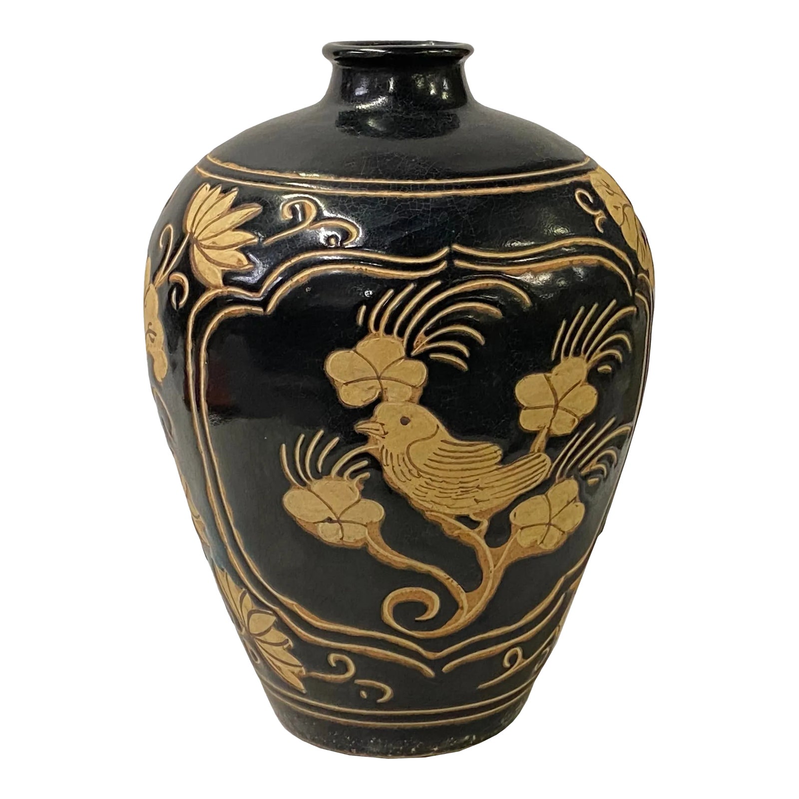 Chinese Ware Black Brown Glaze Ceramic Bird Vase Display Art | Chairish