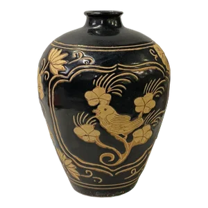 Chinese Ware Black Brown Glaze Ceramic Bird Vase Display Art