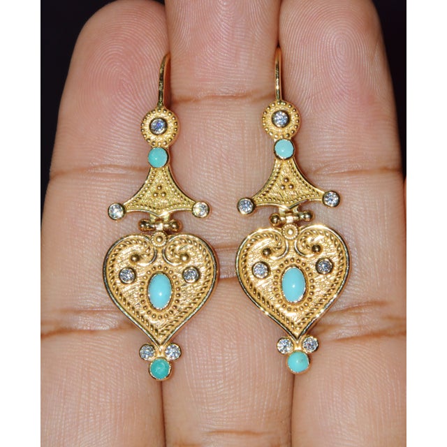 Early 21st Century Gorgeous Natural Diamond Turquoise 18k Solid Gold Byzantine Beaded Greek Dangle Earrings, A Pair For Sale - Image 5 of 11