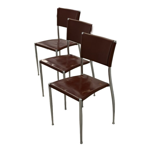 Vintage Ginger Cognac Leather and Chrome Dining Chairs from Fasem, Italy, 1980s, Set of 3 For Sale
