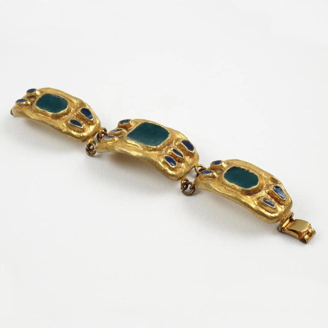 Mid-Century Modern French Designer Willy Gilt Bronze, Green Enamel Link Bracelet For Sale - Image 3 of 8