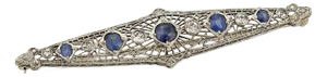 Art Deco Diamond & Sapphire 14k White Gold Filigree Brooch Pin