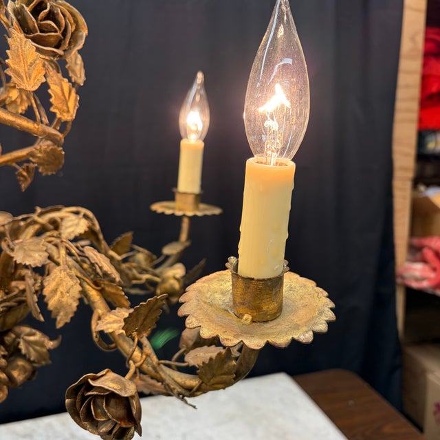 Antique Scrolling Vines French Gold Tole Chandelier With Original Gilding For Sale In Portland, ME - Image 6 of 10