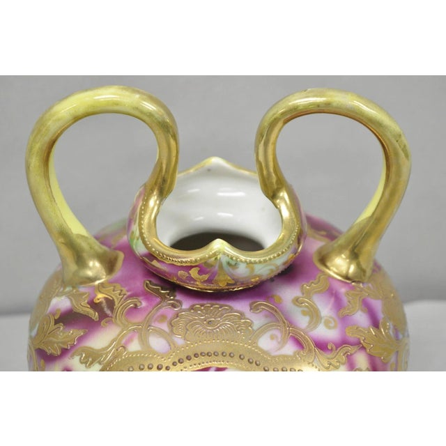 Victorian Antique Austrian Hand Painted Moriage Porcelain Double Swung Handle Bulbous Vase For Sale - Image 3 of 16