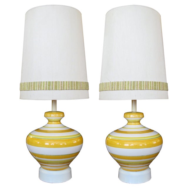 Vibrant & Large-Scaled Italian 1960s Ovoid-Shaped Ceramic Lamps With Bold Horizontal Striping - a Pair For Sale