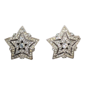 Vintage 1960s Signed Hattie Carnegie Rhodium Plated Clear Rhinestone Star Clip Earrings-2 Pieces