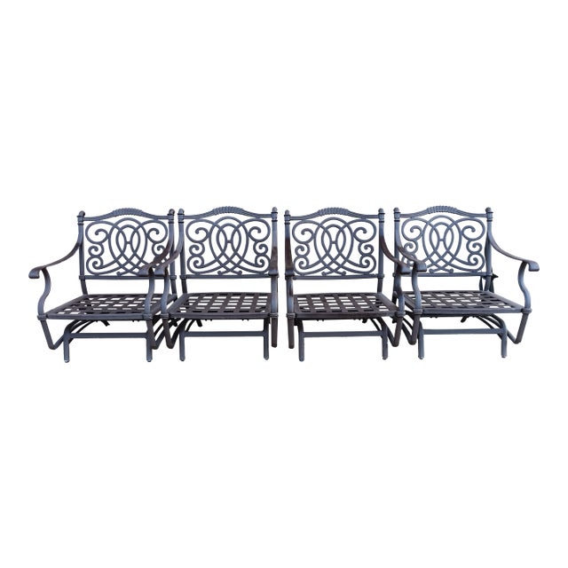 1990s Cast Aluminum Brown Patio Rocking Armchair Set of 4 For Sale