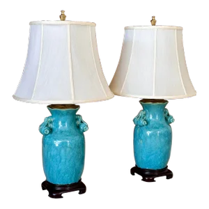 Late 20th Century Coastal Teal Glazed Pottery Table Lamps-Pair
