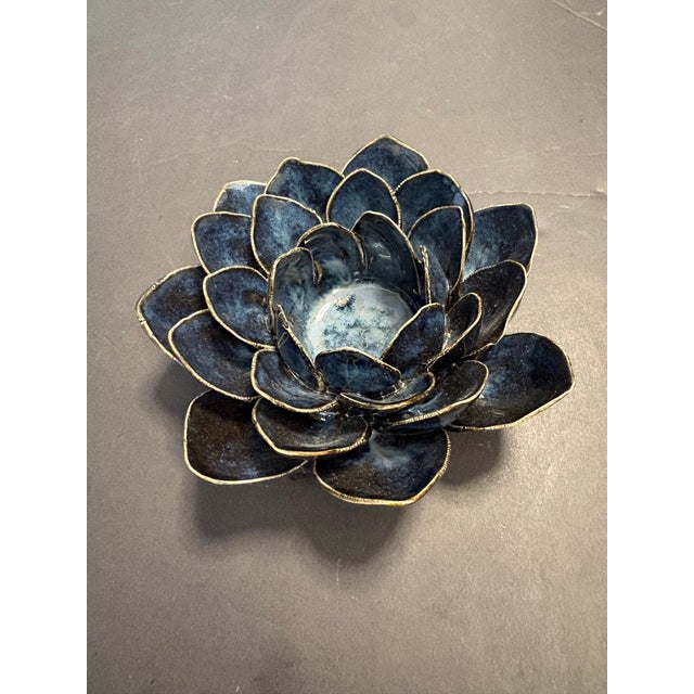 Contemporary Handmade Blue Lotus Flower Ceramic Bowl With Gilded Petals – Studio Pottery Accent For Sale - Image 3 of 6
