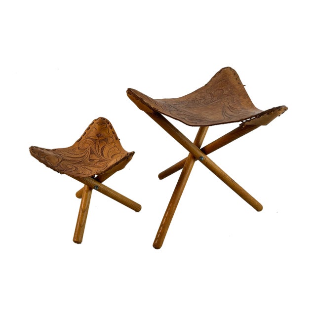 1950s Vintage Tooled Leather Tripod Portable Stools - Set of 2 For Sale