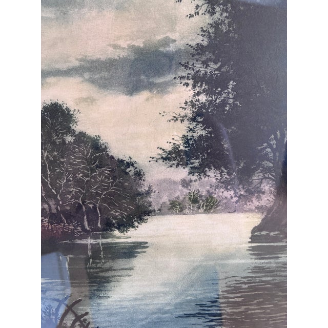 Blue Vintage Original Riverside Cottage Print, Signed Landscape Art, 1970s For Sale - Image 8 of 14