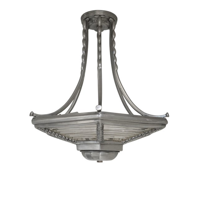 Small Art Deco Six Sided Glass and Aluminum Chandelier For Sale - Image 10 of 17