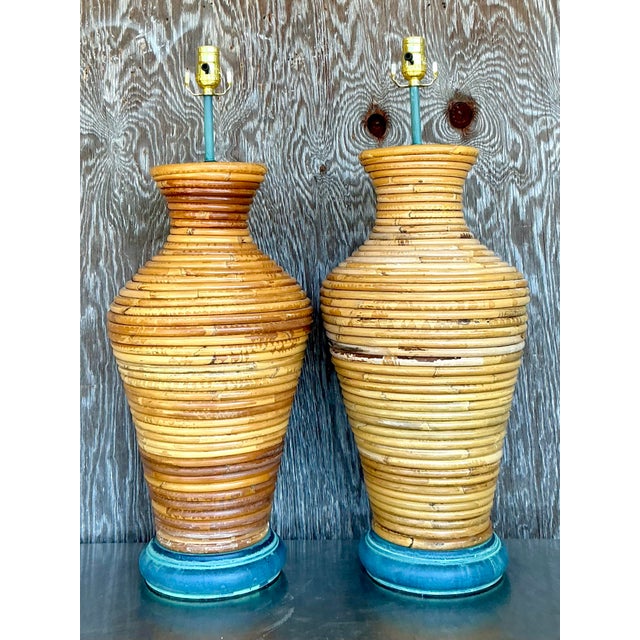 Vintage Costal Coiled Pencil Reed Lamps - A Pair For Sale - Image 11 of 11