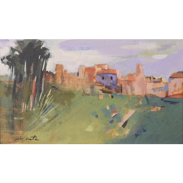 Textile Post Impressionist Landscape with Village, Oil on Canvas, Framed For Sale - Image 7 of 7