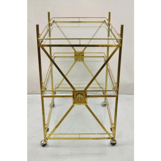 Mid-Century Modern Mid Century Italian Modern 3 Tier Brass & Glass X-Frame Rolling Bar Cart Table For Sale - Image 3 of 12