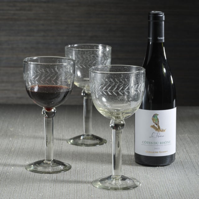 Modern Tuscan Handmade Etched Wine Goblet Glasses, Set of 4 For Sale - Image 3 of 6
