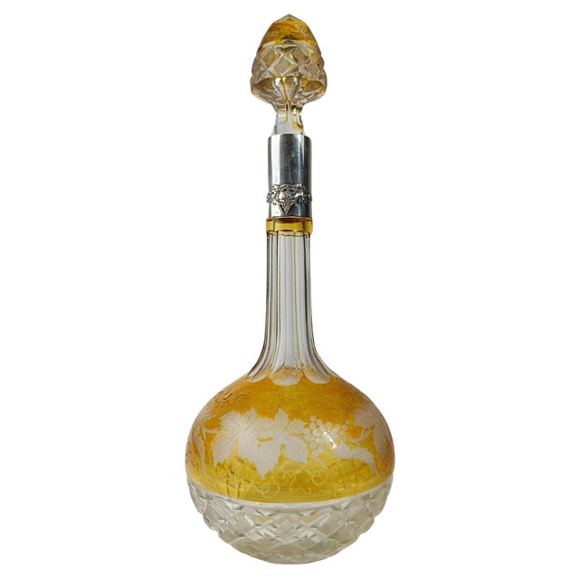 Vintage Spirit Decanter Bottle in Colored Cut Crystal and Embossed Silver, 1930s For Sale