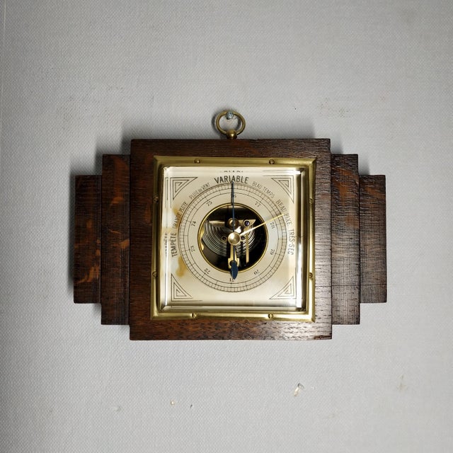 1930’s Art Deco Modern Barometer in Wood, Metal, Brass, and Beveled Glass For Sale - Image 4 of 7