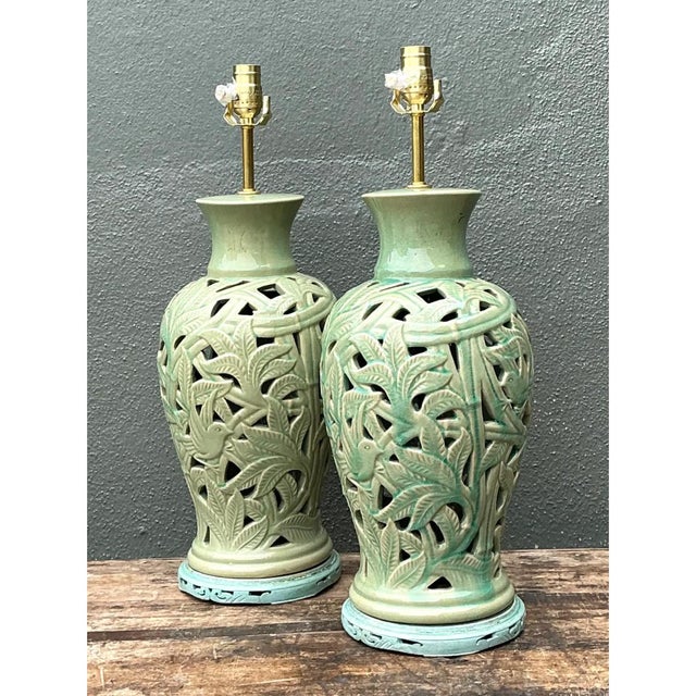 Green Vintage Cutout Green Ceramic Table Lamps - Pair For Sale - Image 8 of 12