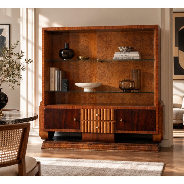 Brown Art Deco Italian Sideboard in Walnut Burl, Maple and Dark Wood Veneer with Glass, 1940s For Sale - Image 8 of 9