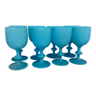 1930s Portieux Vallerysthal Turquoise Blue Opaline Goblets - Set of 8 For Sale