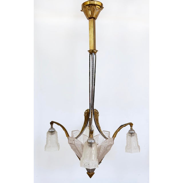 1930s Art Deco Gilt, Silvered Bronze Chandelier, Frosted Glass Shades For Sale - Image 4 of 14