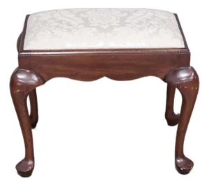 1990s Henkel Harris Cherry Footstool Ottoman White Damask Fabric Made in Virginia