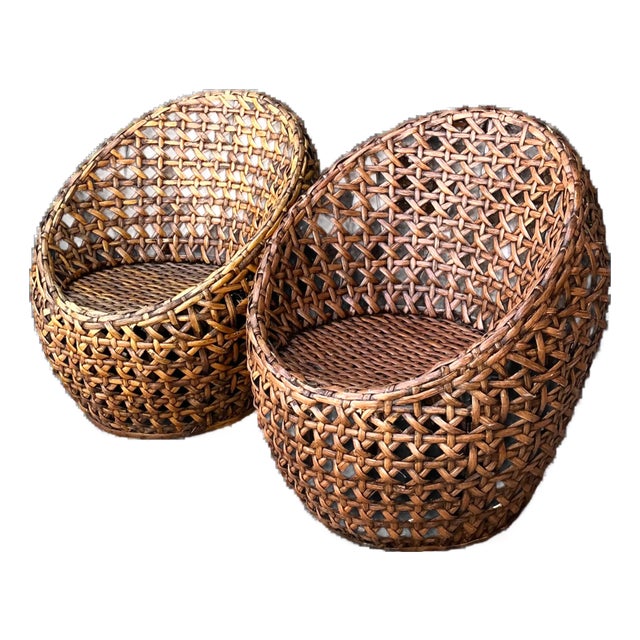 Vintage Woven Rattan Lounge Chairs - Pair For Sale