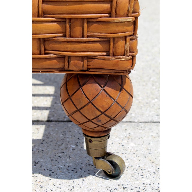 Wood Vintage Rattan Coffee Table / Ottoman Base – Boho Coastal Charm on Casters For Sale - Image 7 of 12