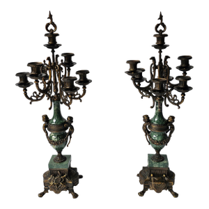 Pair of Mid 20th Century Empire Patinated and Green Marble Urn Form 7-Light Candelabra