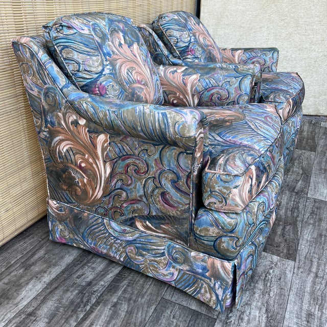 Wood A Pair of Vintage Mid Century / Hollywood Regency Upholstered Lounge Chairs. Circa 1970s For Sale - Image 7 of 18