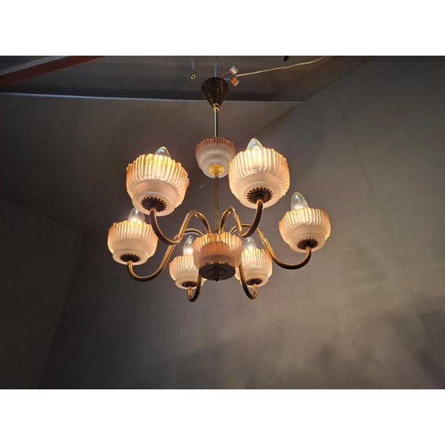 Mid-Century Czech Brass and Frosted Glass 6-Arm Chandelier, Železný Brod, 1960s For Sale - Image 15 of 18