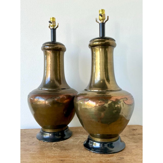 Brass Vintage Boho Monumental Brass and Copper Lamps - A Pair For Sale - Image 8 of 10
