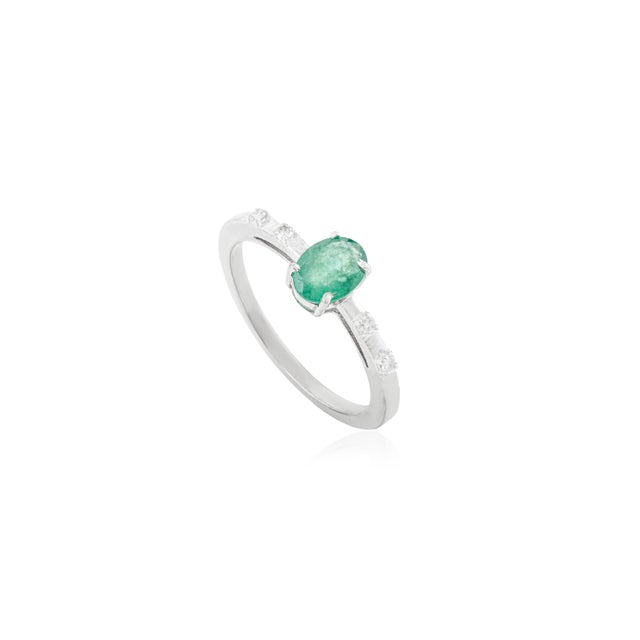 Minimalism Dainty 0.55 Carat Oval Emerald & Diamond Dainty Ring for Women in 925 Silver - Size 7 For Sale - Image 3 of 10