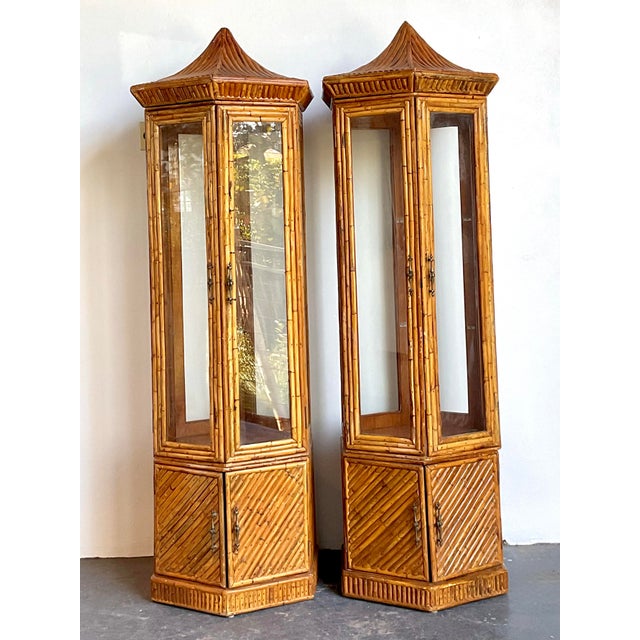 Vintage Pagoda Split Rattan Tall Cabinets - A Pair For Sale - Image 10 of 12