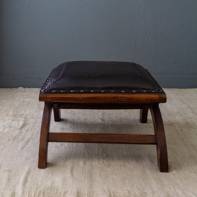 Leather and Rosewood X Frame Ottoman or Footstool With Brass Nailhead Trim For Sale - Image 9 of 13