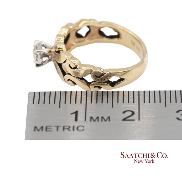 0.13 Ct Natural Diamond 14k Yellow Gold Openwork Scroll Design Ring, Size 5 For Sale - Image 12 of 13