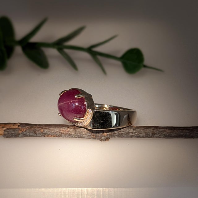 7.3ct Star Ruby Ring W Natural Diamond Accents in Solid 14k Gold | Ov 10.5x9.6mm, Size 6.75 For Sale - Image 4 of 10