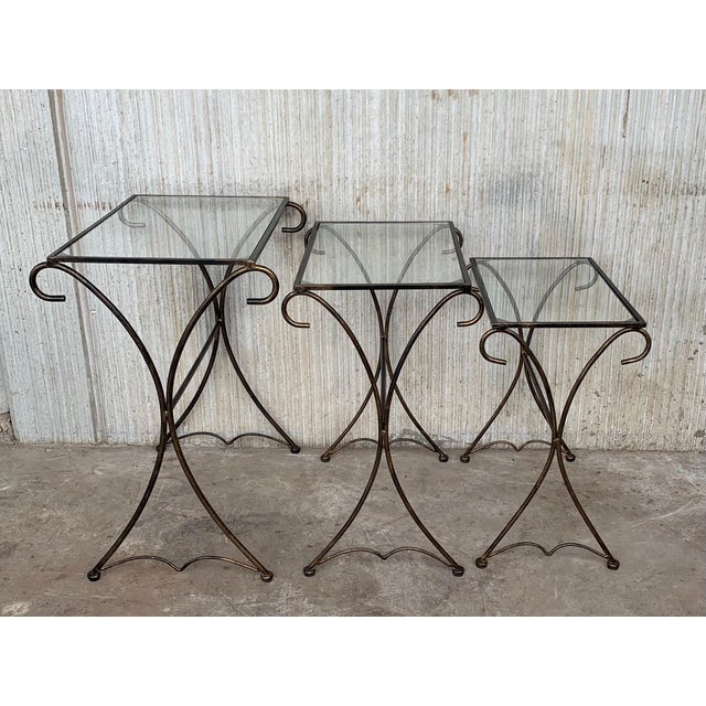 Mid 20th Century Midcentury Scrolling Iron Patio Nesting Side Tables with Glass Tops, Set of 3 For Sale - Image 18 of 18