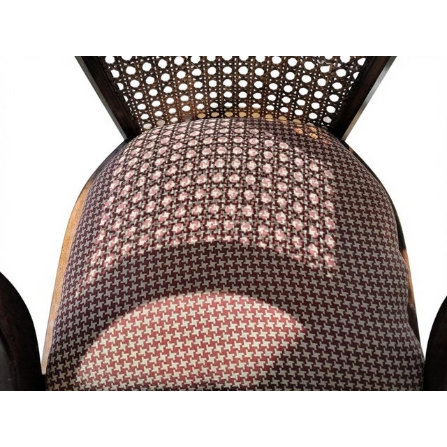 Mid 20th Century Vintage Cane Back Armchair – Red & White Houndstooth Upholstery – Classic Wood Frame – Mid‑Century Inspired Accent Chair. For Sale - Image 5 of 8