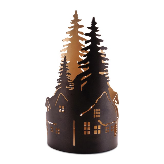 2020s Cut Metal Snowman and Cabin Candle Holder (Set of 2) For Sale - Image 5 of 6