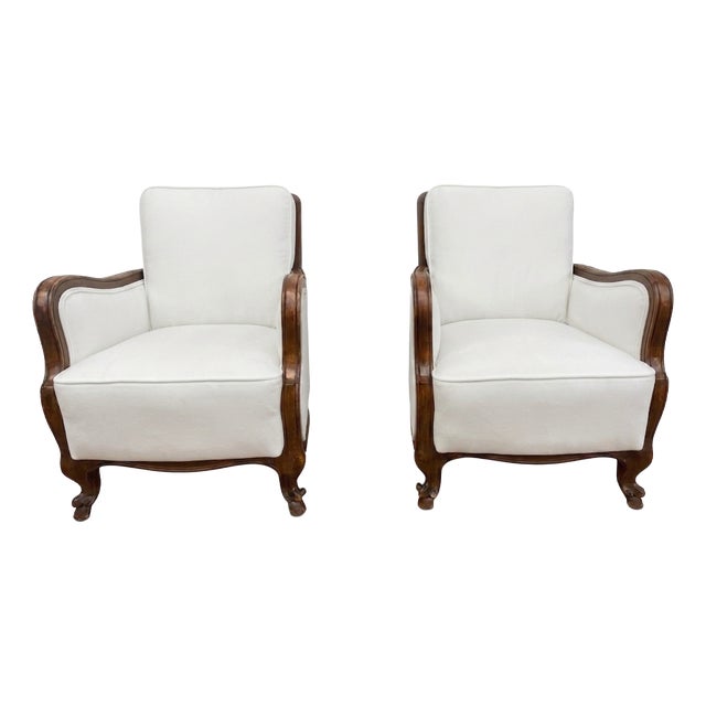 Classic Italian Armchairs with White Upholstery, 1920s, Set of 2 For Sale