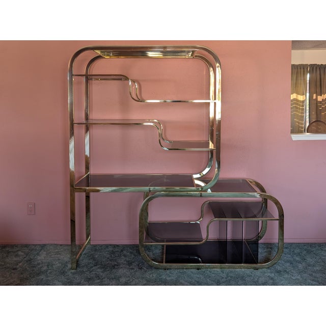 Deco Brass & Smoked Glass Adjustable Display Shelf/Etagere, C1980s For Sale In Los Angeles - Image 6 of 10