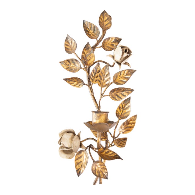 Vintage Italian Gilt Tole & White Roses Candle Sconce For Sale