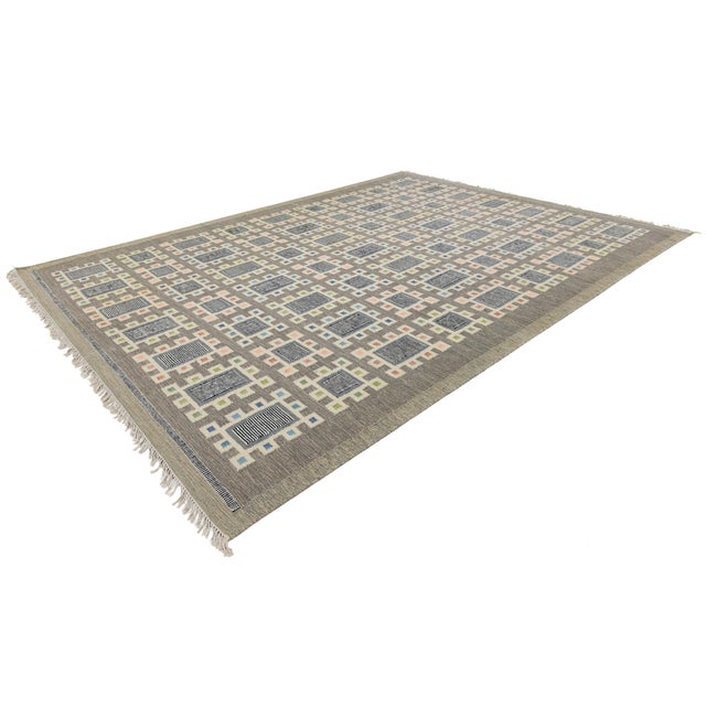 Nordic Geometric Handmade Wool Flatweave Rug in Charcoal, Off-White, and Pastels For Sale - Image 12 of 12