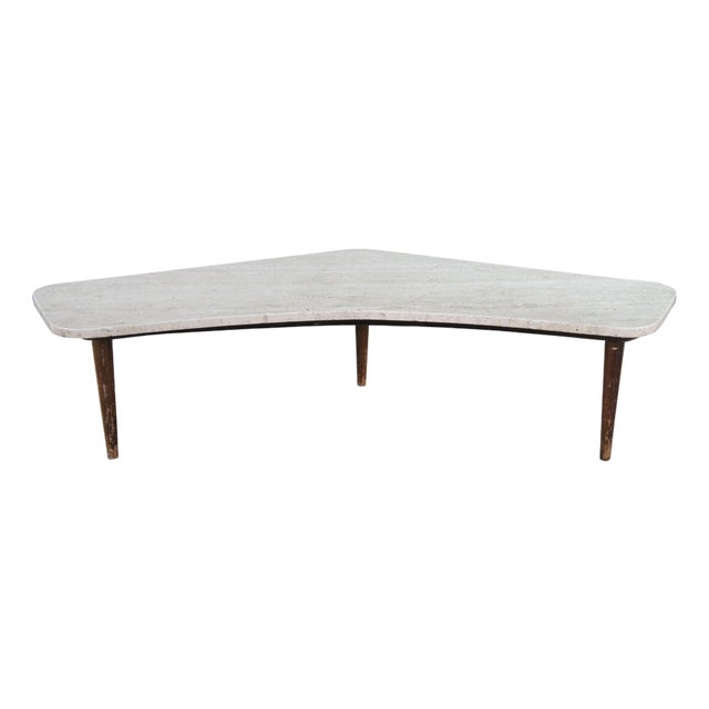 Mid Century Modern Sculptural Travertine Stone Walnut Boomerang Coffee Table MCM For Sale