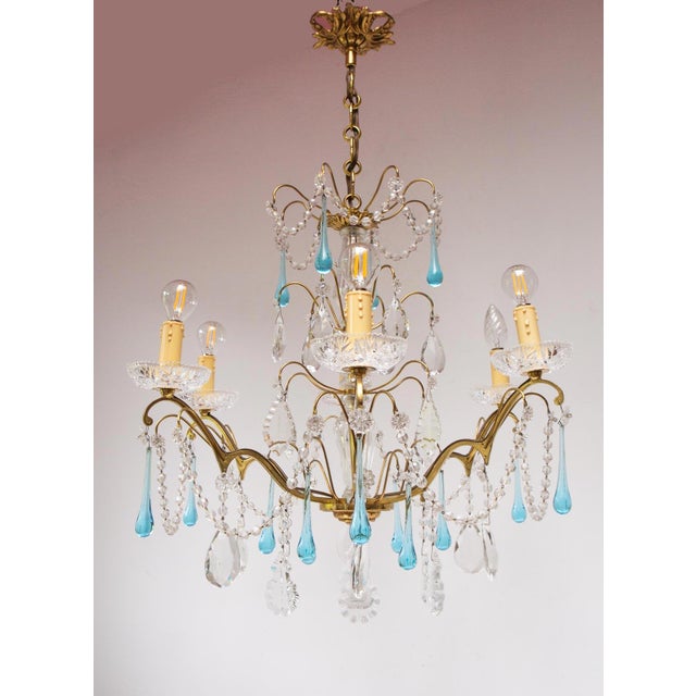Metal French 6-Arm Chandelier in Brass and Crystals, 1960s For Sale - Image 7 of 8